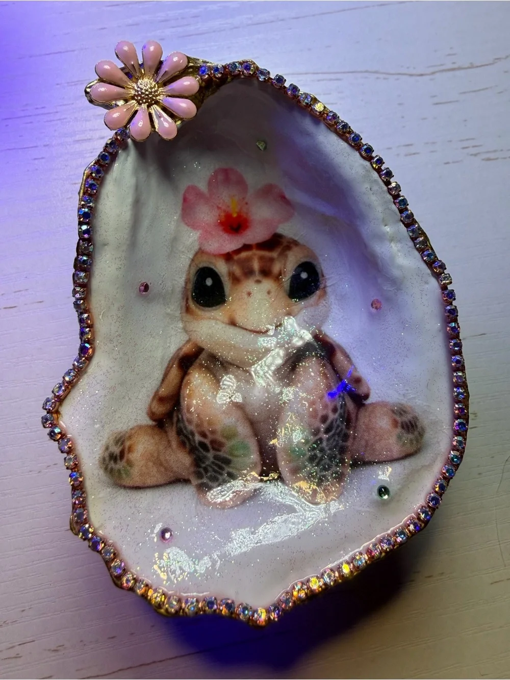 Handmade decoupage baby turtle oyster shell trinket dish with rhinestones